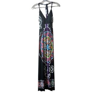 Boho Chic Black Halter Maxi Dress‎ Size 6 Colorful Mandala Print Festival Vibes